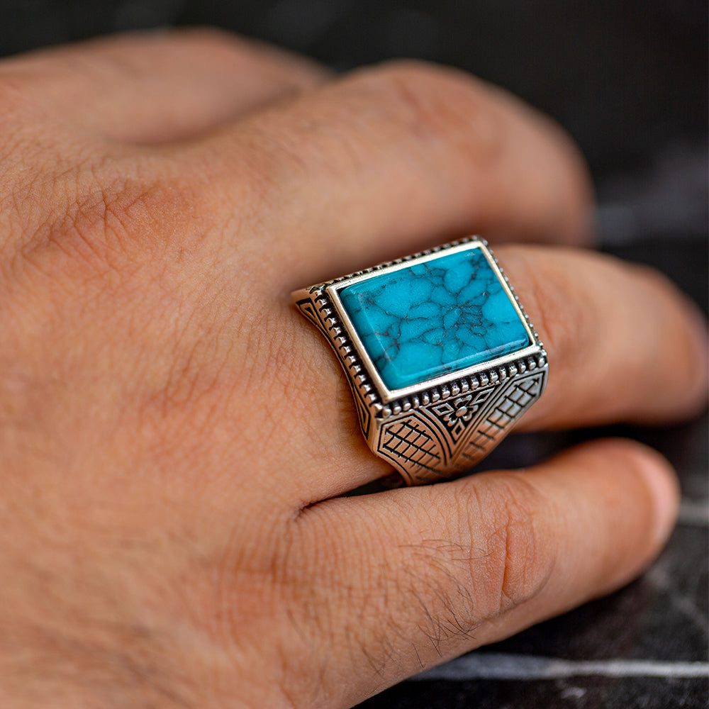 925 Sterling Silver Square Turquoise Gemstone Ring