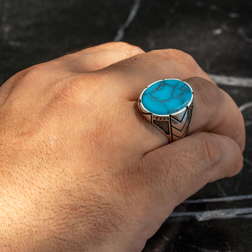 Men Handmade Blue Oval Turquoise Signet Ring