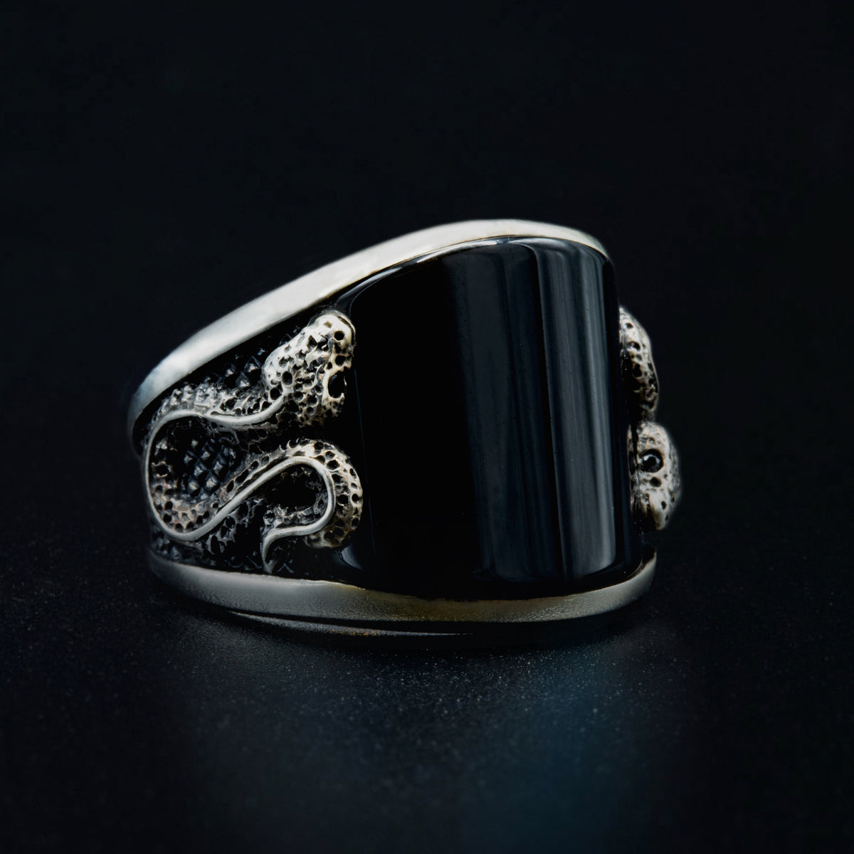 925 Solid Silver Snake Serpent Onyx Gemstone Ring
