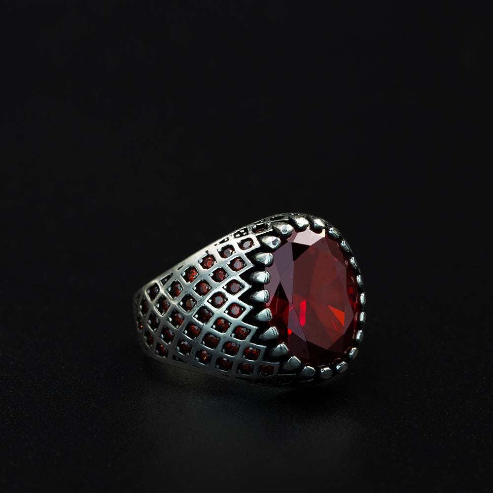 925 Silver Men Minimal Garnet Gemstone Handmade Ring