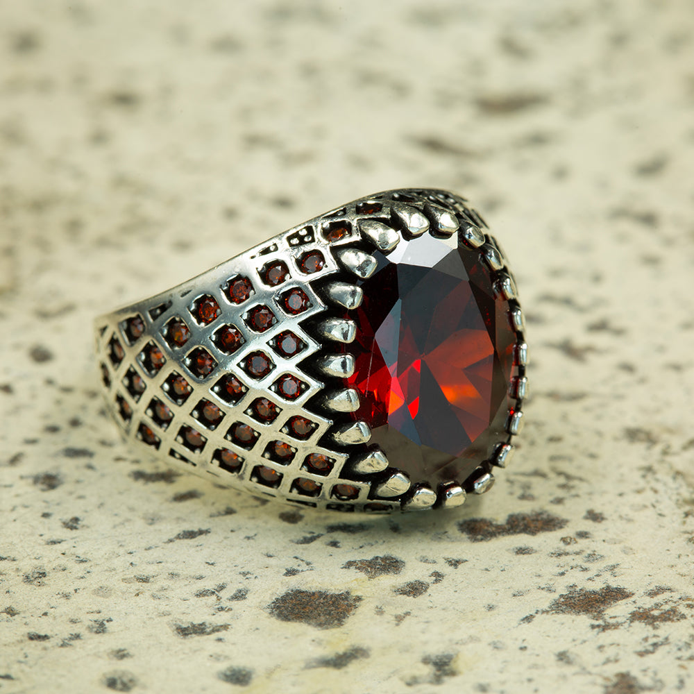 925 Silver Men Minimal Garnet Gemstone Handmade Ring