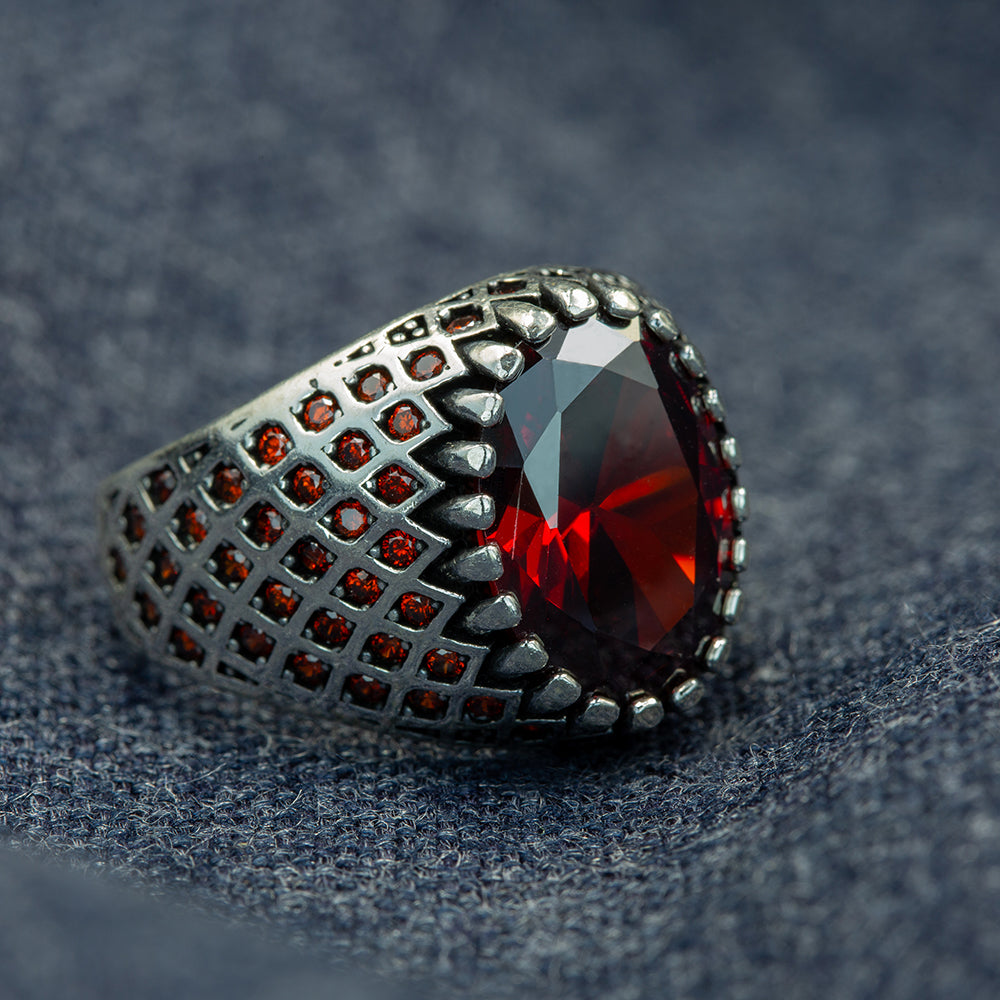 925 Silver Men Minimal Garnet Gemstone Handmade Ring