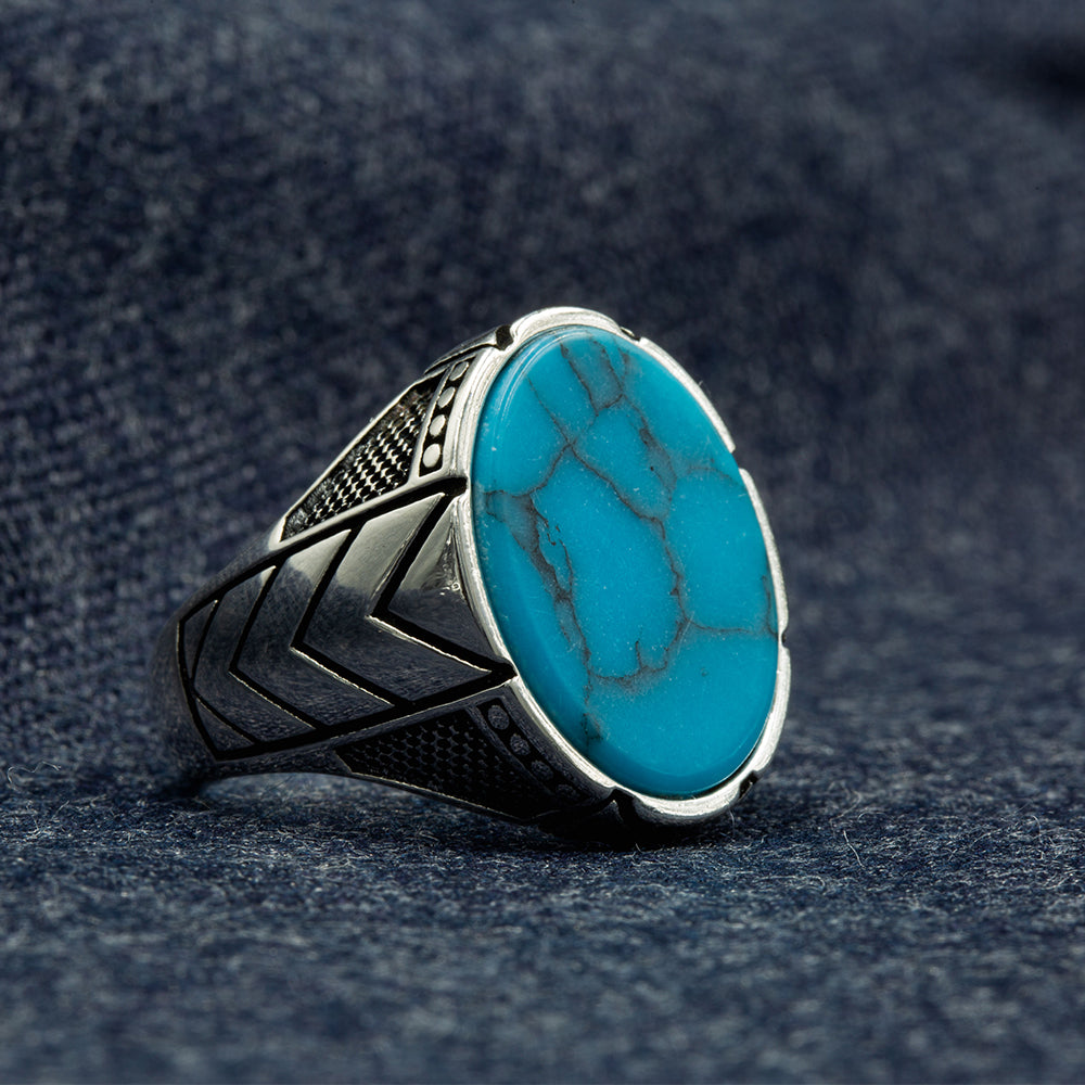 Men Handmade Blue Oval Turquoise Signet Ring