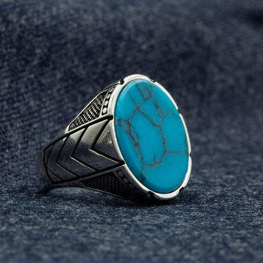 Men Handmade Blue Oval Turquoise Signet Ring