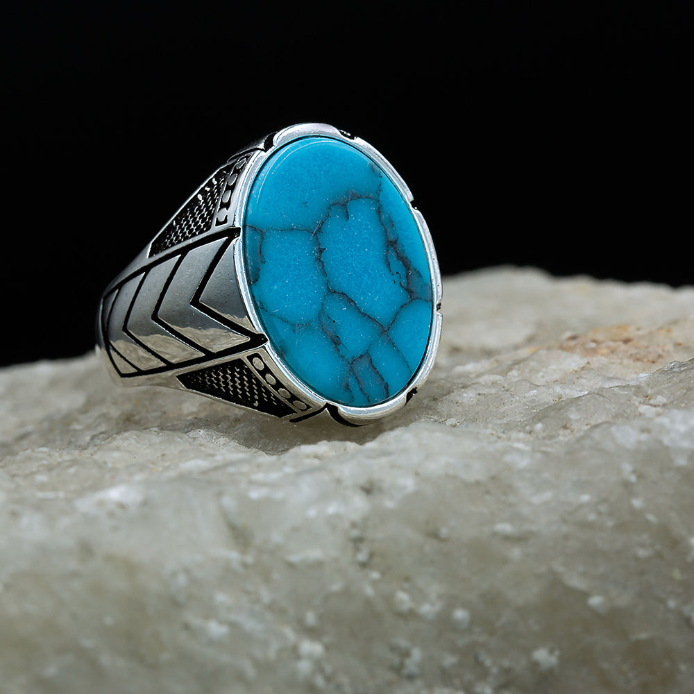 Men Handmade Blue Oval Turquoise Signet Ring