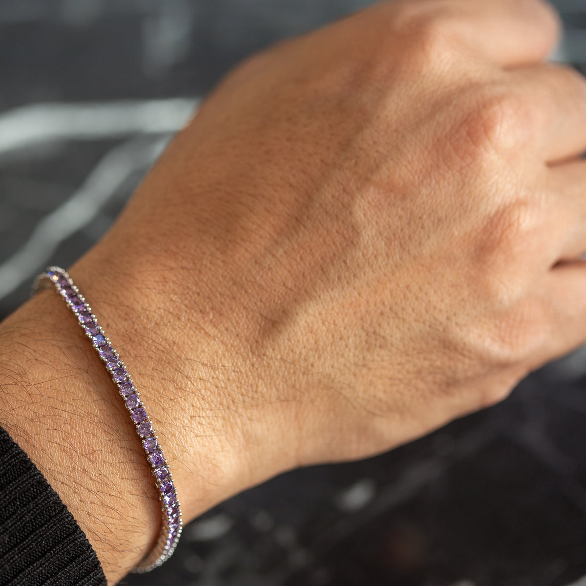 Men Silver Round Purple Amethyst Tennis Bracelet