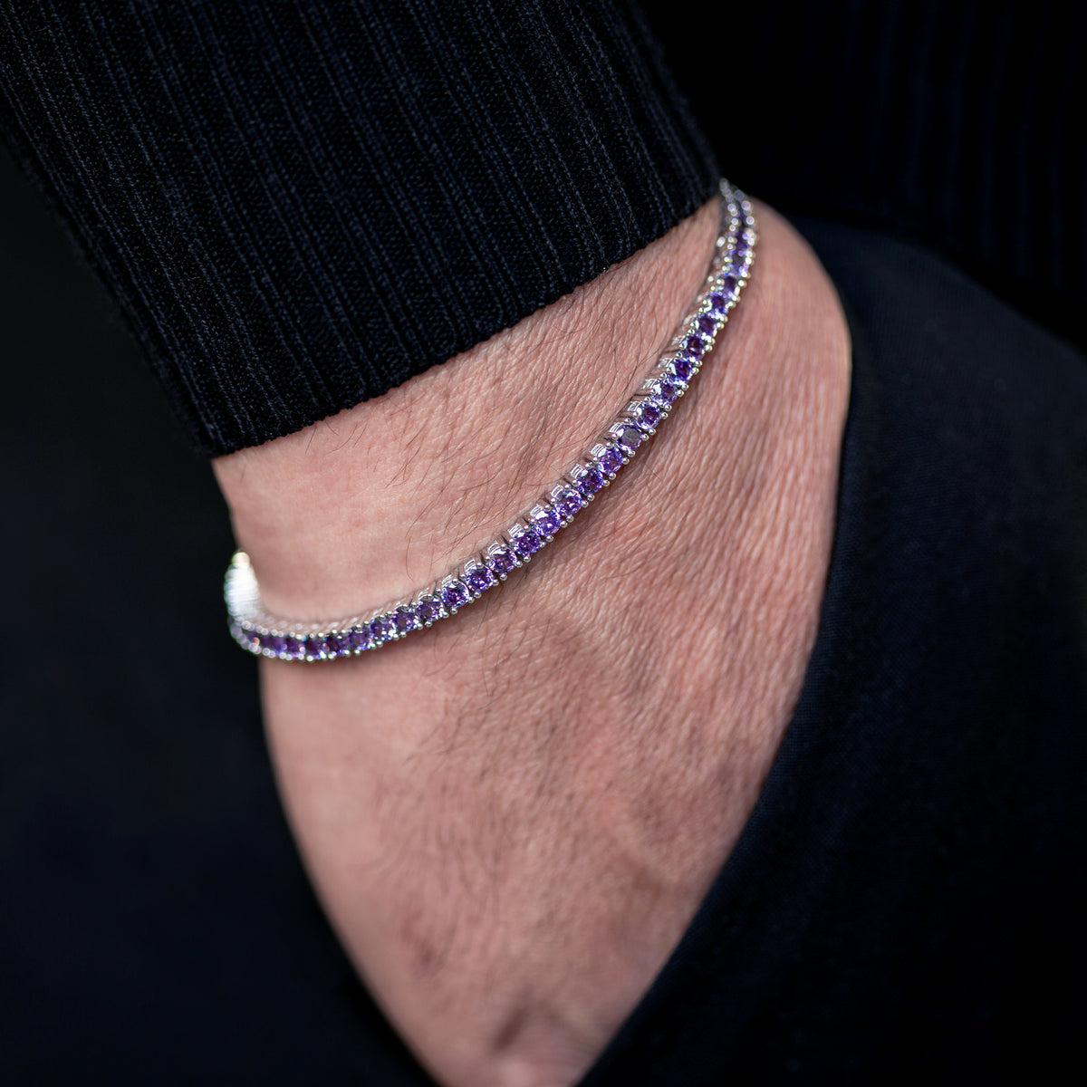 Men Silver Round Purple Amethyst Tennis Bracelet