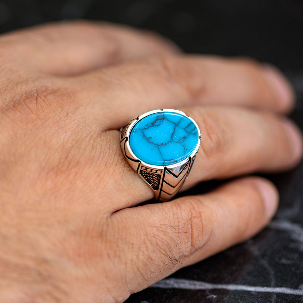 Men Handmade Blue Oval Turquoise Signet Ring