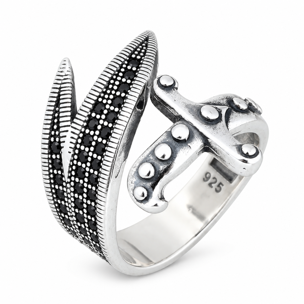 925 Sterling Silver Zulfiqar Sword Ring with Black Onyx for Men