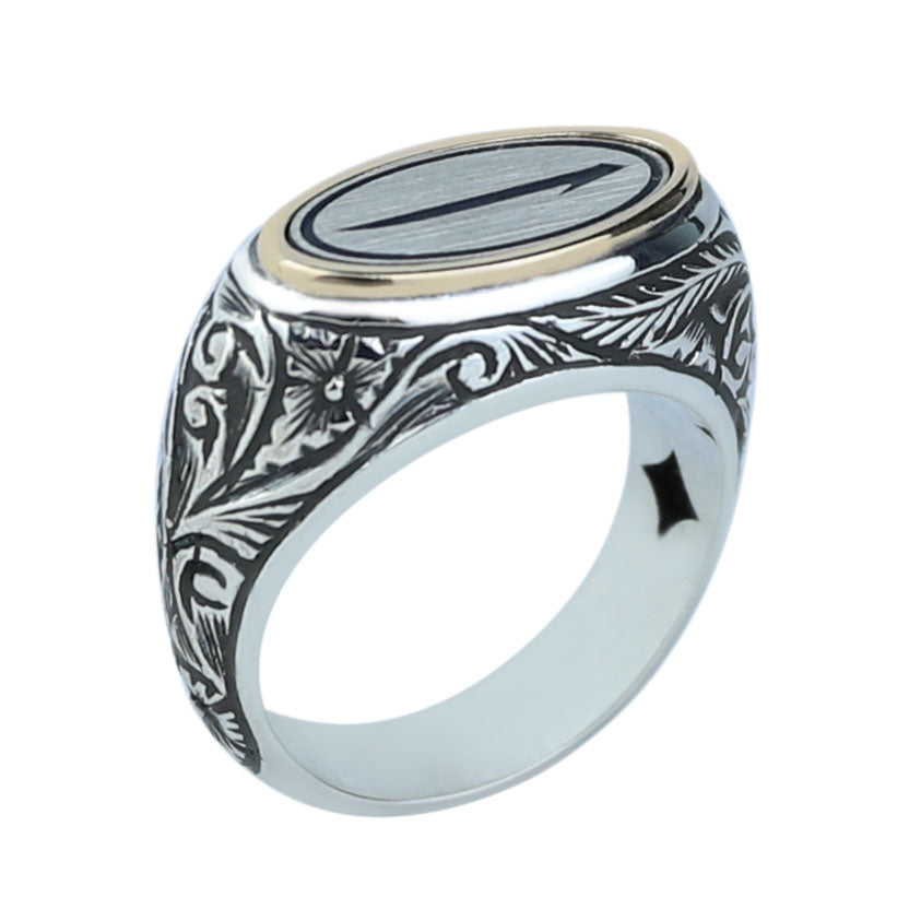 925 Sterling Silver Men’s Arabic Alif Letter Signet Ring, Vintage Engraved Oval Ring, Islamic Style Statement Ring,