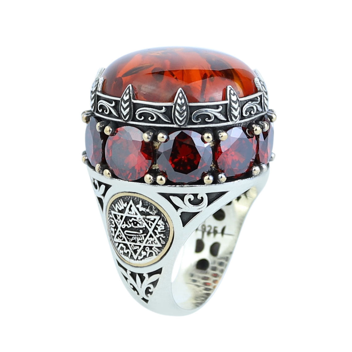 Natural Amber Stone Ring , Solomon Signet Sterling Silver Large Amber Stone Ring , Ottoman Style Silver Ring