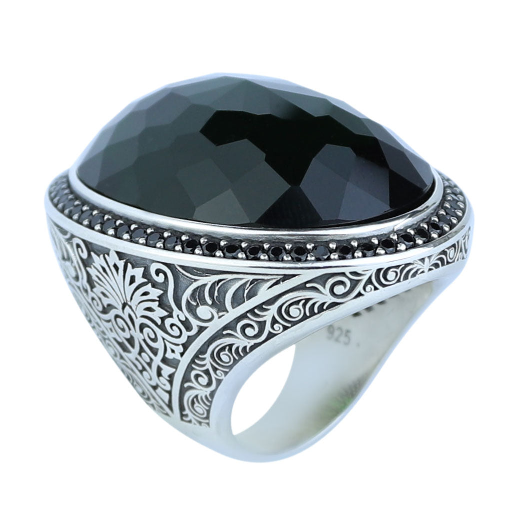 925 Silver Large Emerald Ring , Men Handmade Engraved Ring, Vintage Ottoman Ring, Men Green Stone Ring