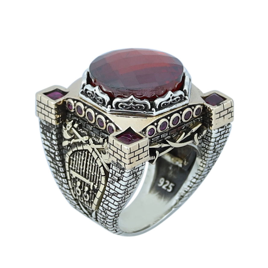 Silver Sword Figured Garnet Ring, Axe Model Men Silver Red Gemstone Ruby Ring, Vintage Ruby Ring, Father Day Gift, Anniversary Gift