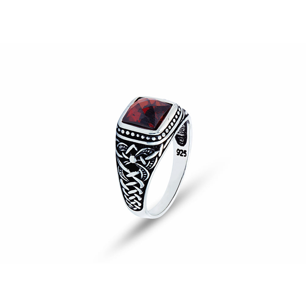 Men 925 Silver Square Minimal Garnet Gemstone Ring