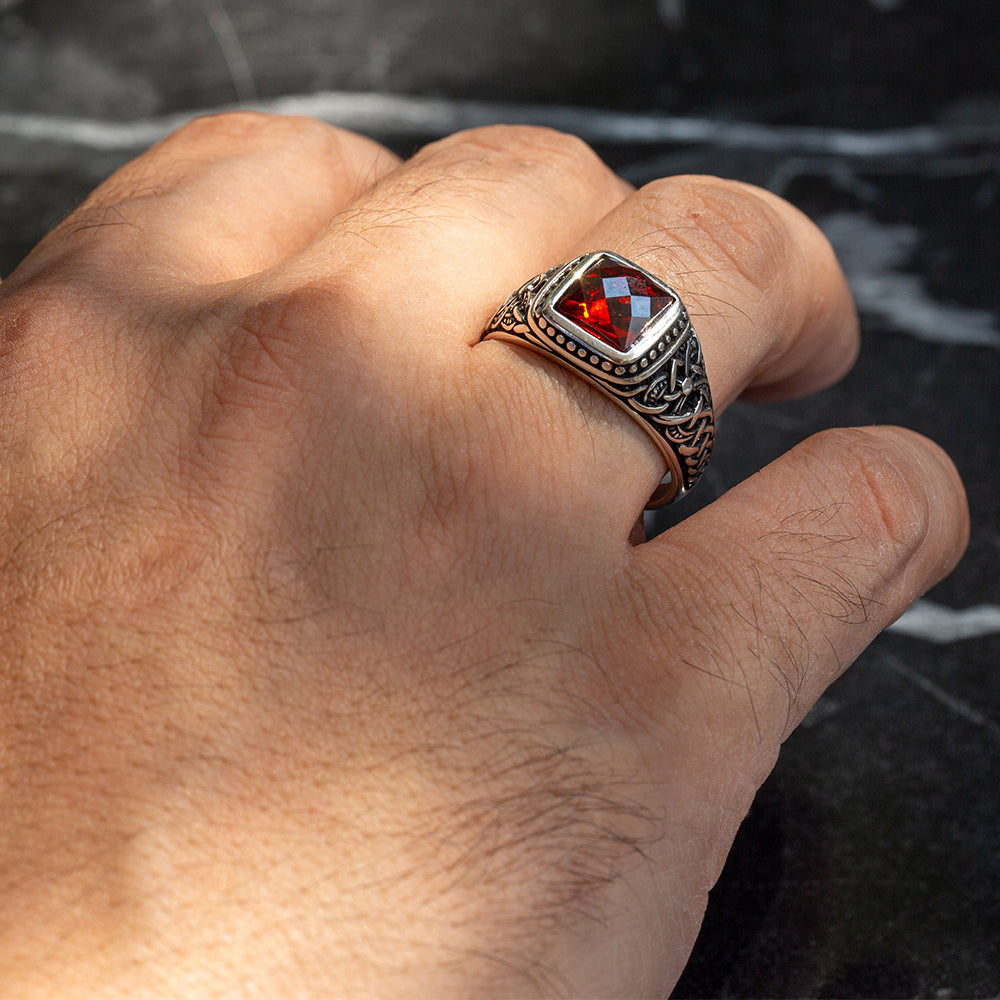 Men 925 Silver Square Minimal Garnet Gemstone Ring