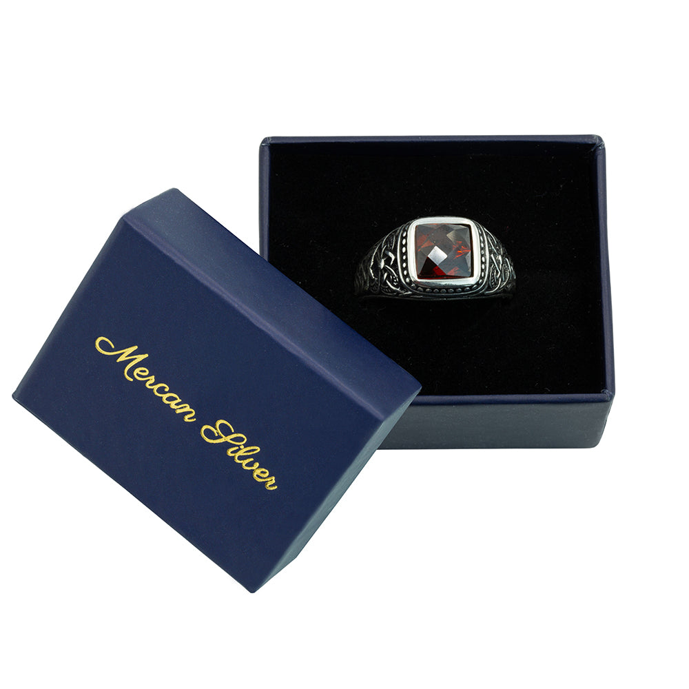 Men 925 Silver Square Minimal Garnet Gemstone Ring