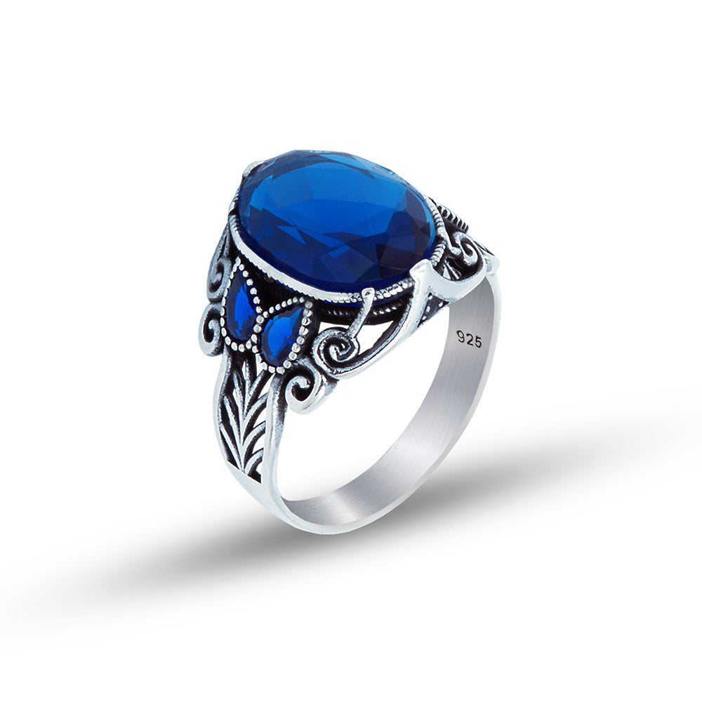 Men Sterling Silver Oval Blue Sapphire Ring