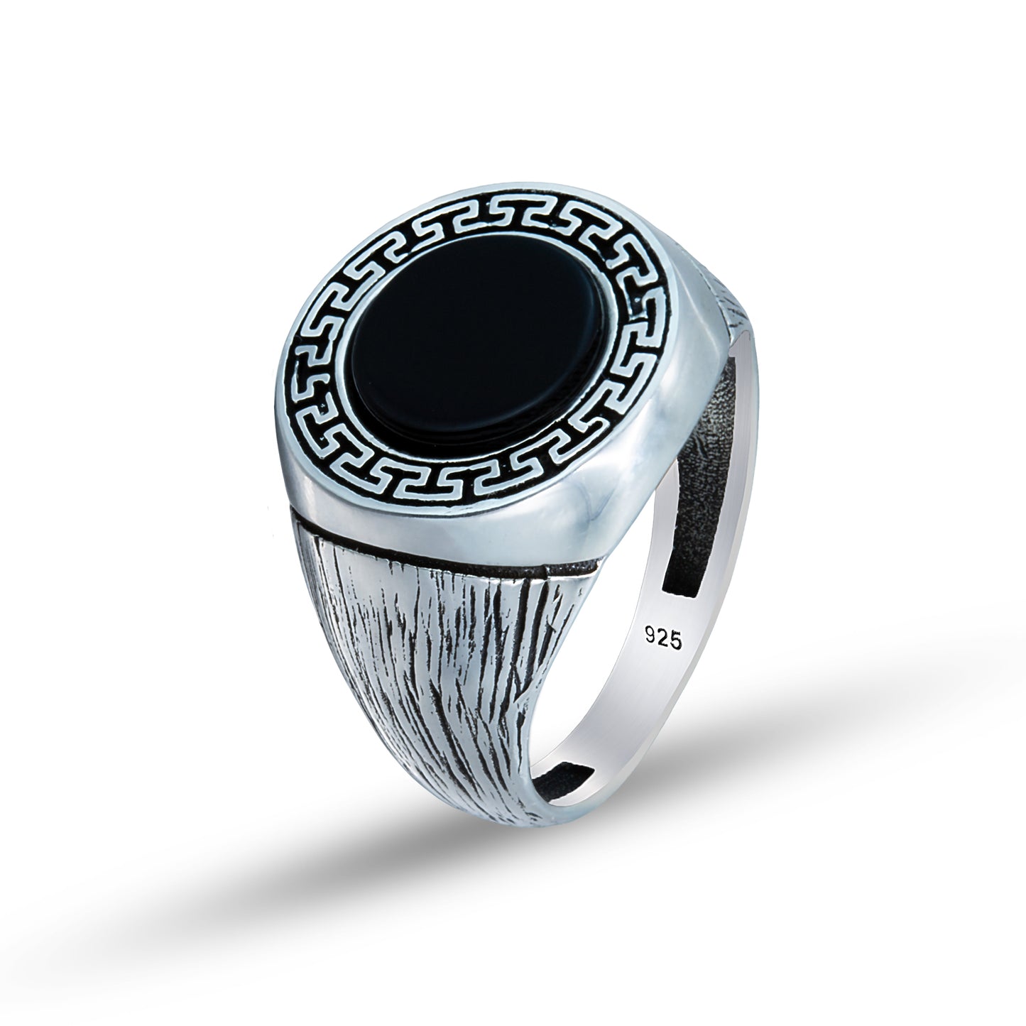 925 Sterling Silver Greek Design Round Onyx Gemstone Ring