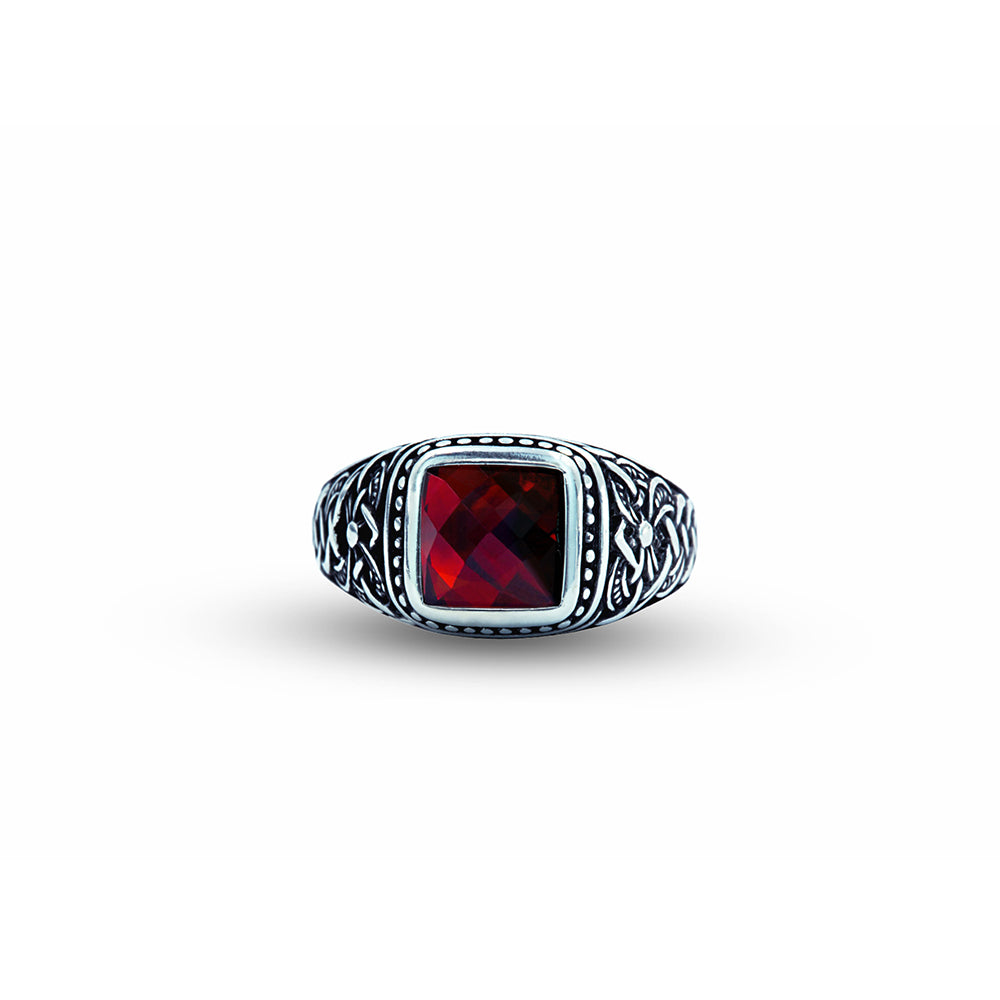 Men 925 Silver Square Minimal Garnet Gemstone Ring