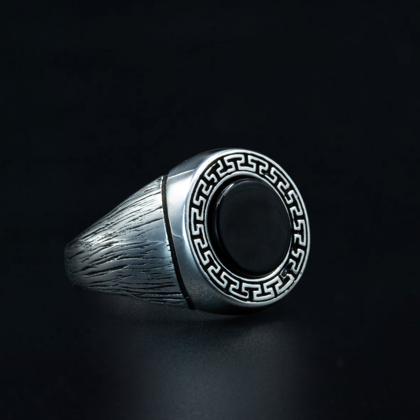 925 Sterling Silver Greek Design Round Onyx Gemstone Ring