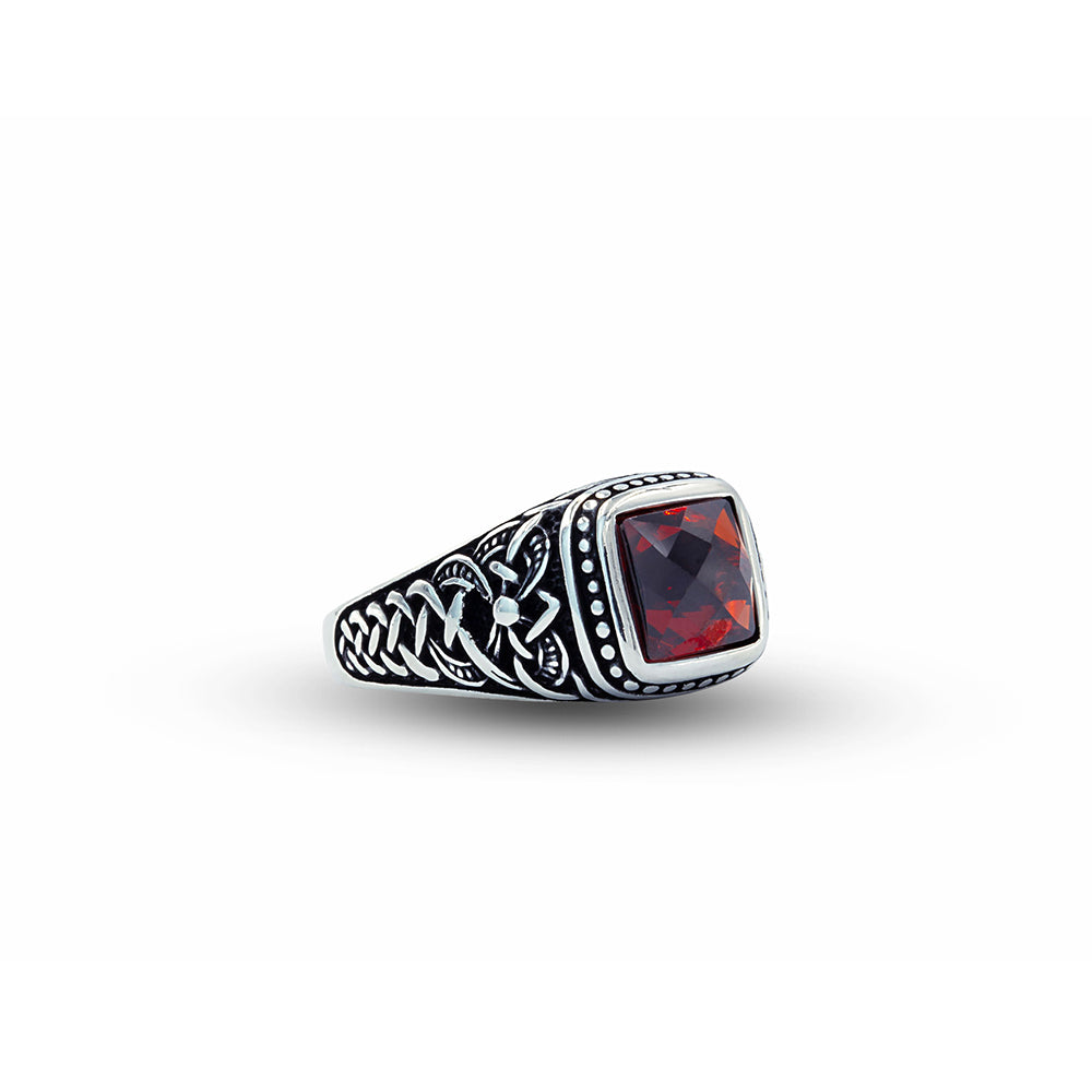 Men 925 Silver Square Minimal Garnet Gemstone Ring
