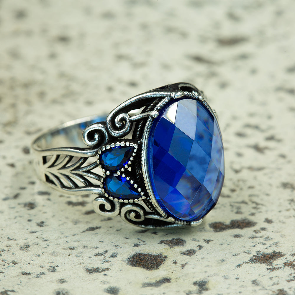 Men Sterling Silver Oval Blue Sapphire Ring