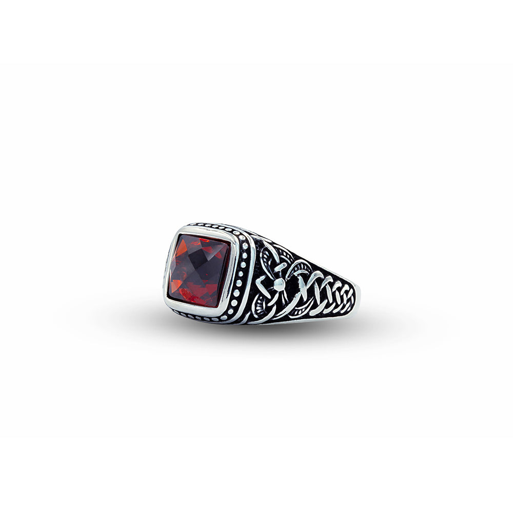 Men 925 Silver Square Minimal Garnet Gemstone Ring
