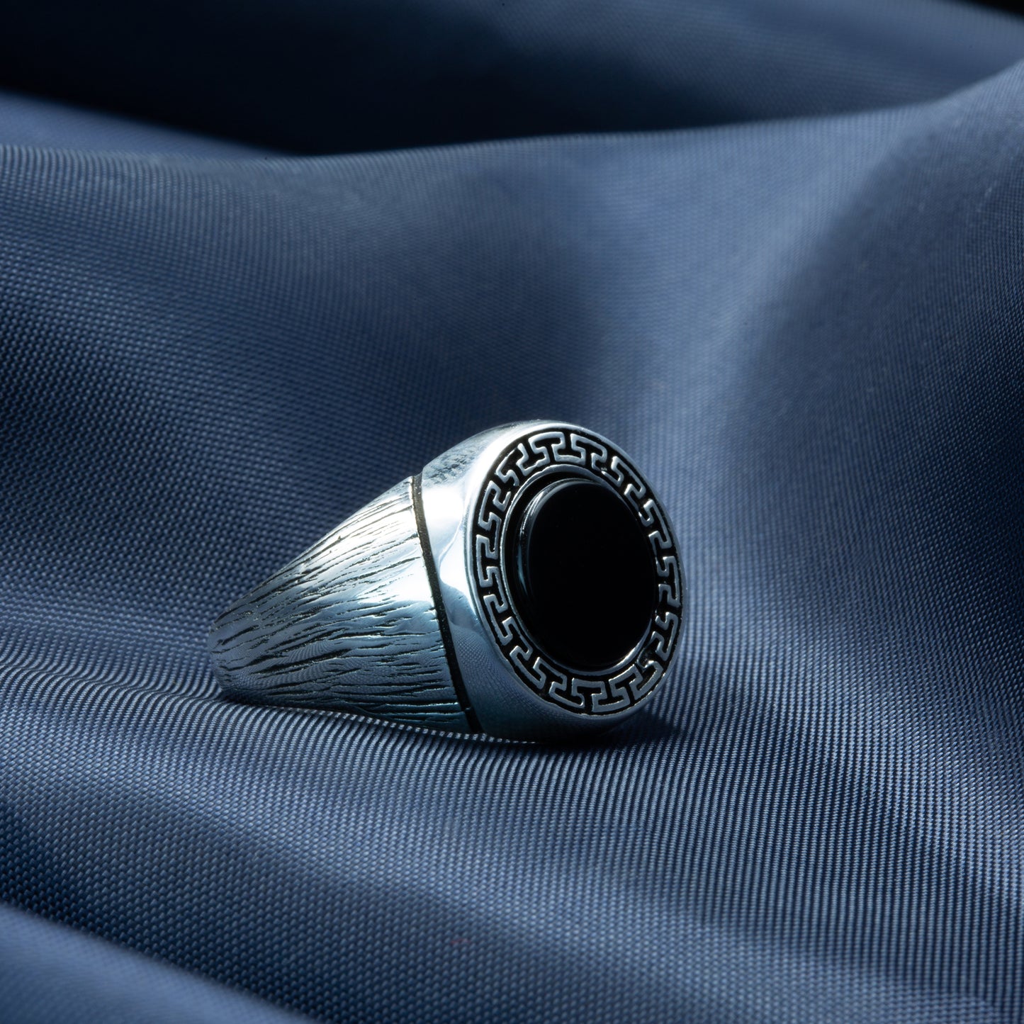 925 Sterling Silver Greek Design Round Onyx Gemstone Ring