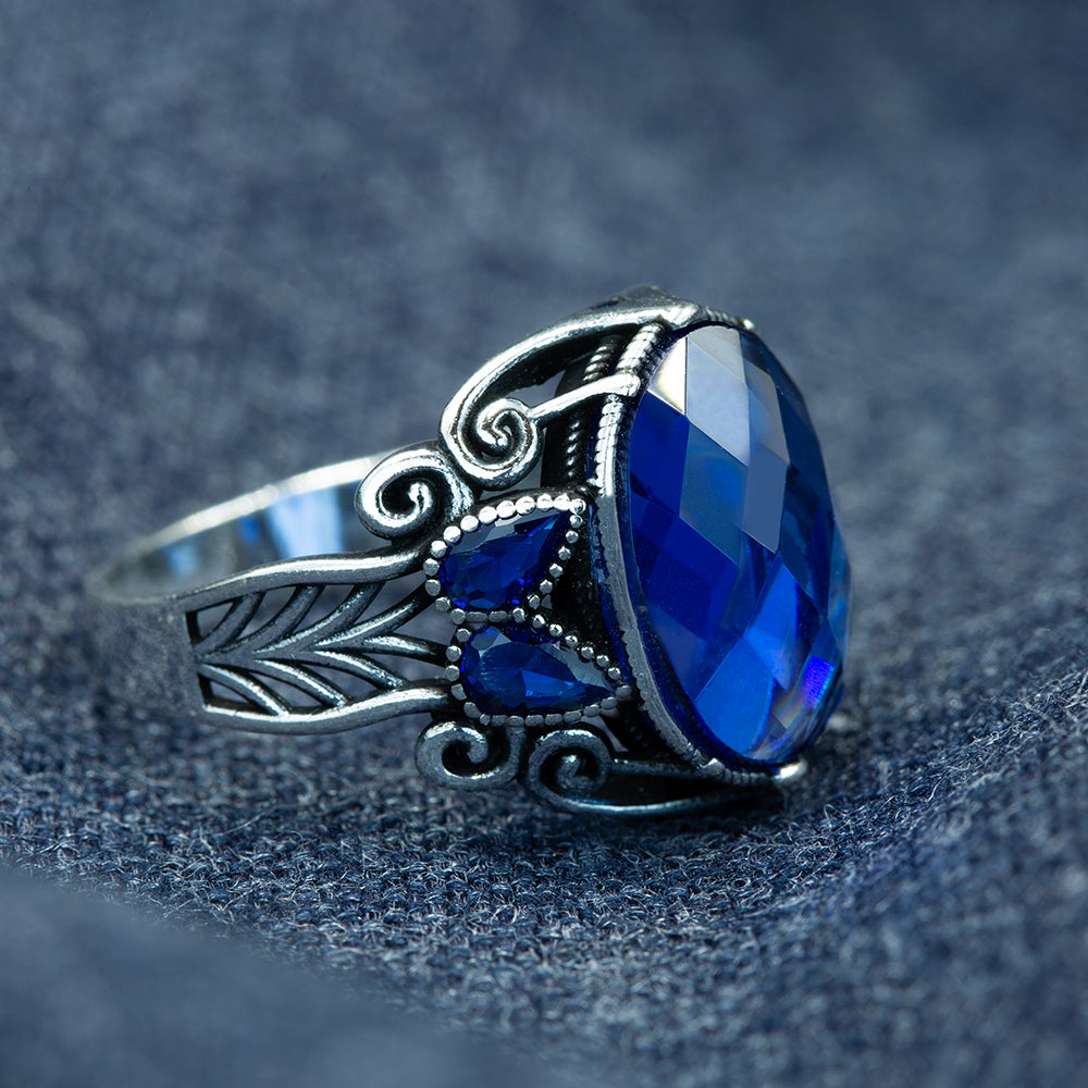 Men Sterling Silver Oval Blue Sapphire Ring
