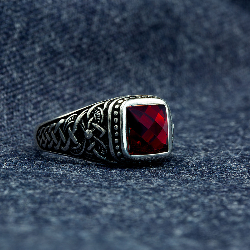 Men 925 Silver Square Minimal Garnet Gemstone Ring