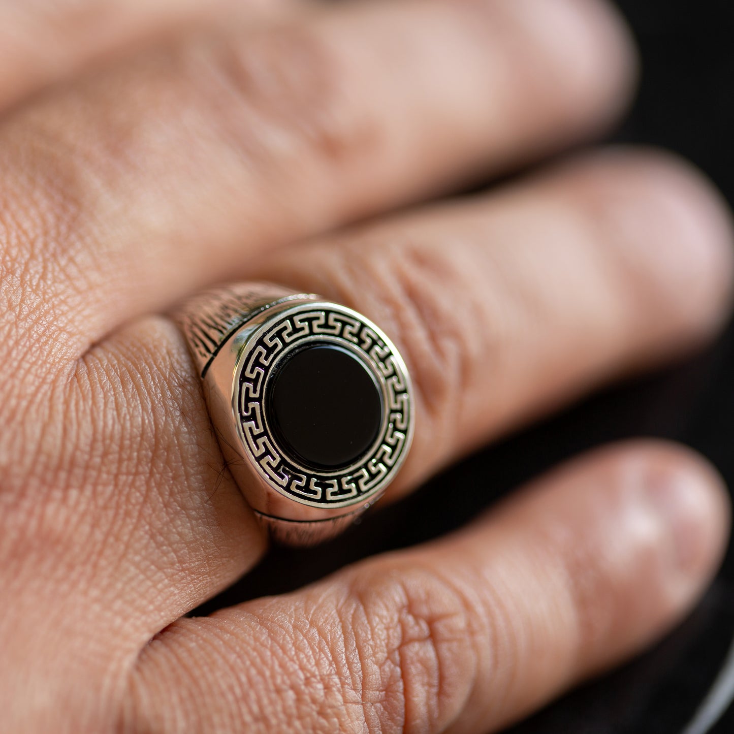 925 Sterling Silver Greek Design Round Onyx Gemstone Ring