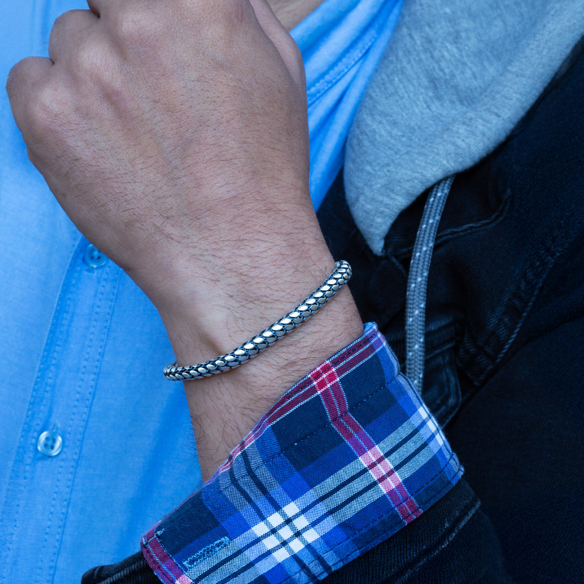 Pulsera de cadena tipo "snake popcorn" de plata 925 para hombre con piedra de ónix y incrustaciones de