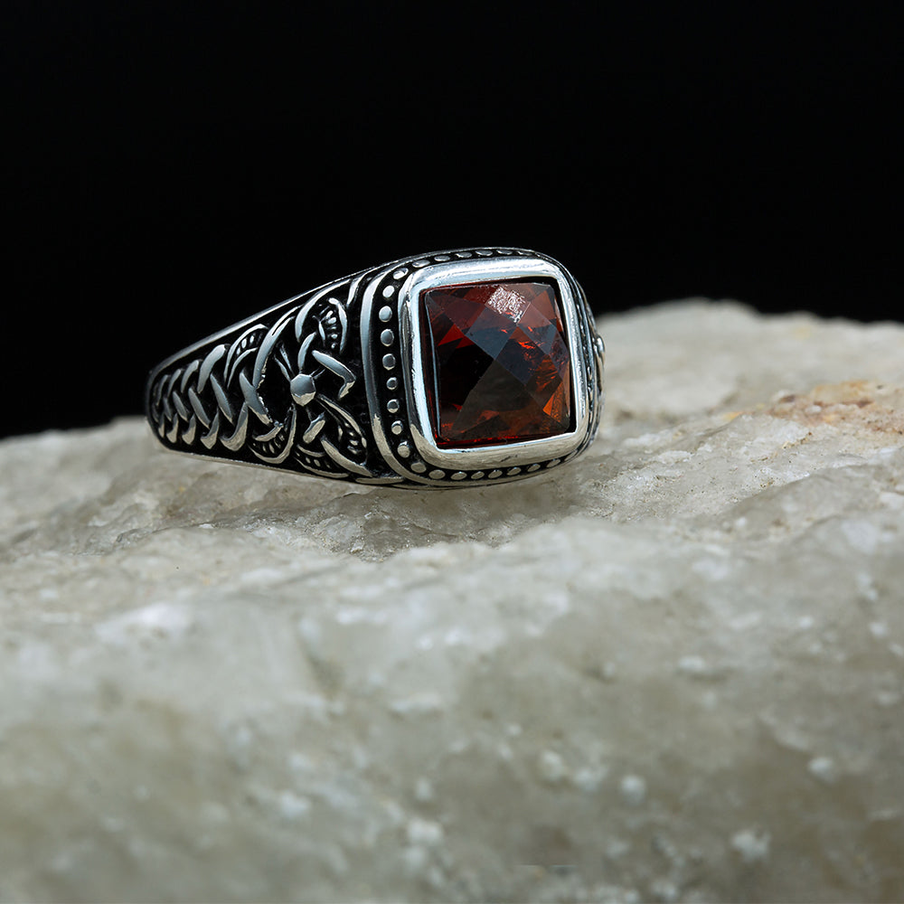Men 925 Silver Square Minimal Garnet Gemstone Ring