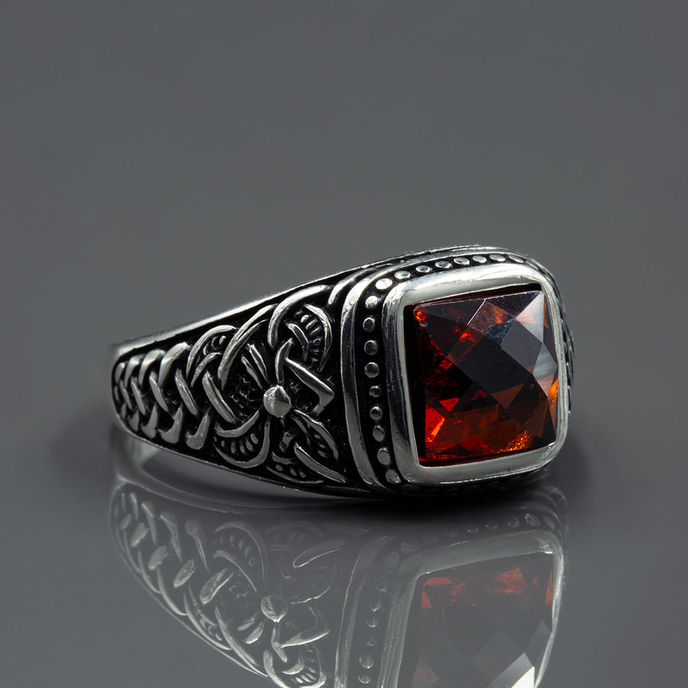Men 925 Silver Square Minimal Garnet Gemstone Ring