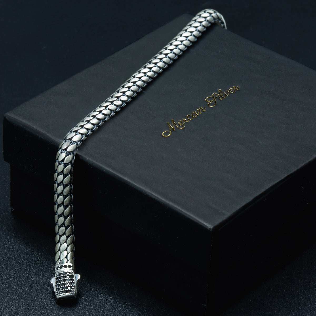 Pulsera de cadena tipo "snake popcorn" de plata 925 para hombre con piedra de ónix y incrustaciones de
