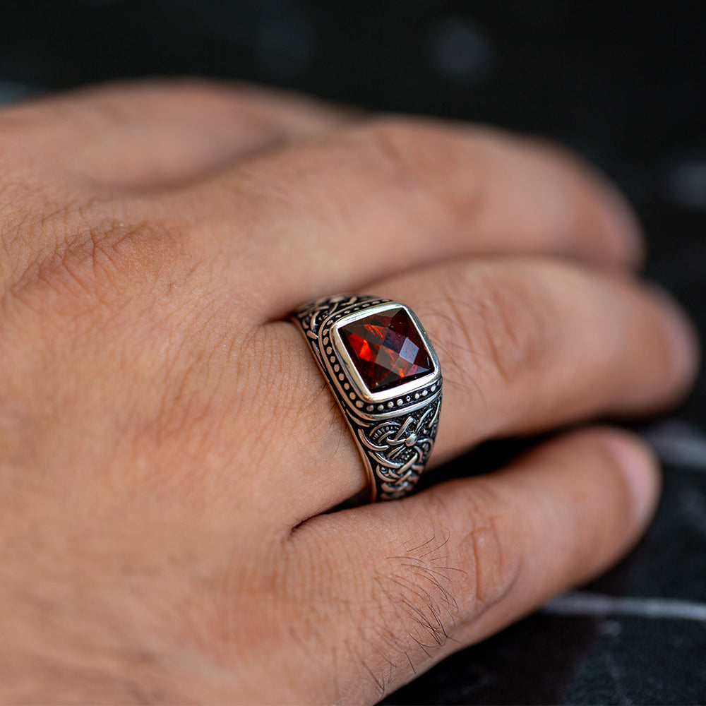 Men 925 Silver Square Minimal Garnet Gemstone Ring