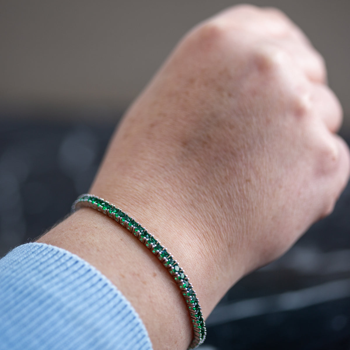 Men Silver Emerald Gemstone Elegant Tennis Chain Bracelet