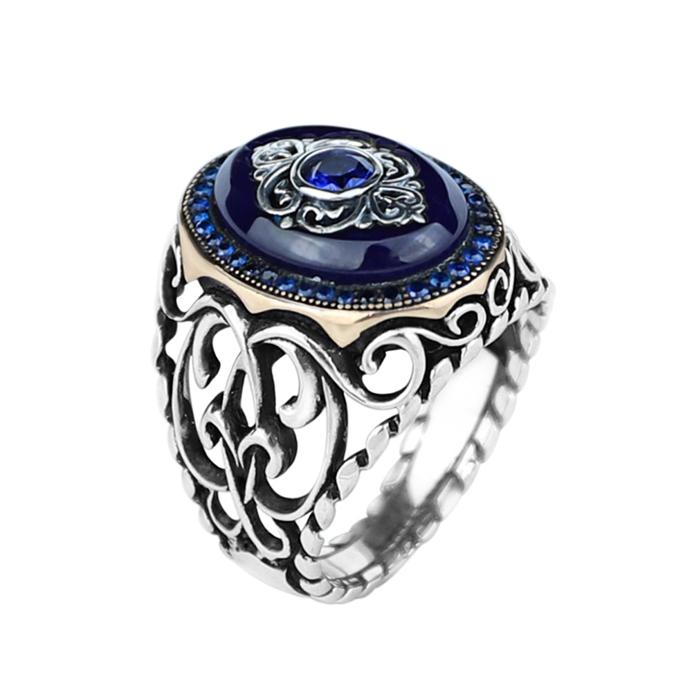 925 Sterling Silver Turkish Handmade Men Blue Sapphire Gemstone Ring