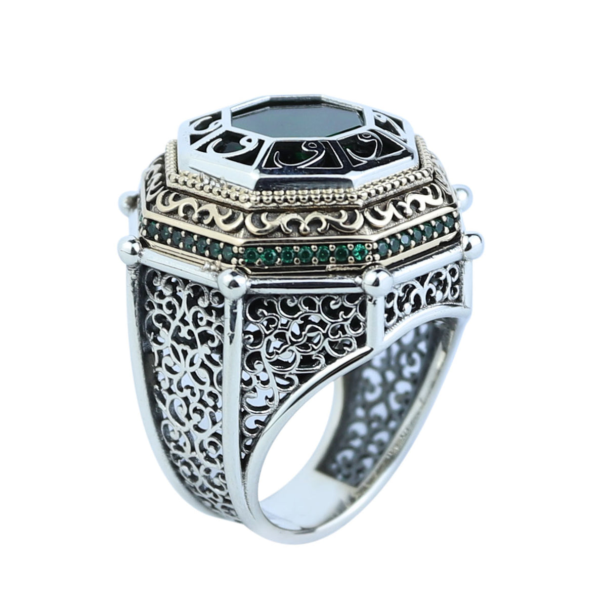 Men Islamic Vintage Emerald Stone Ring, Round Engraved Green Stone Ring, Turkish Handmade Ring, Ottoman Style Ring, 925k Silver Ring