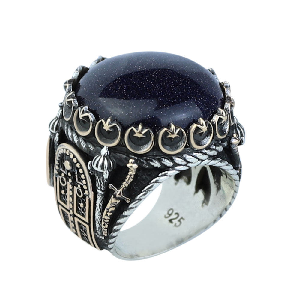 Man Natural Star Stone Ring, Sword Figured 925k Sterling Silver Handmade Ring, Turkish Handmade Ring