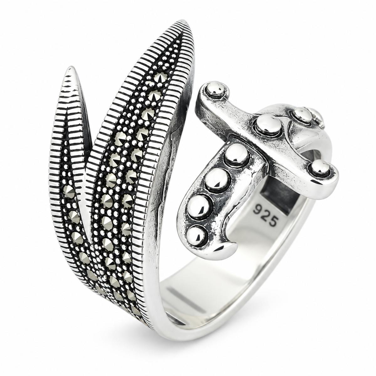 925 Sterling Silver Double Zulfiqar Sword Ring with Marcasite Stones
