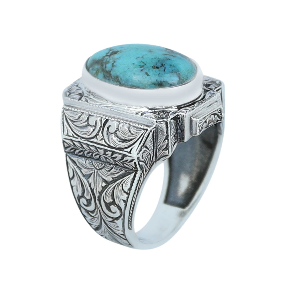 925 Sterling Silver Turquoise Ring for Men, Natural Turquoise Oval Gemstone Signet Ring, Vintage Engraved Statement Ring, Intricate Floral Filigree Design