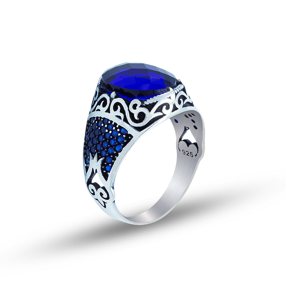 Men 925 Sterling Silver Oval Sapphire Gemstone Ring