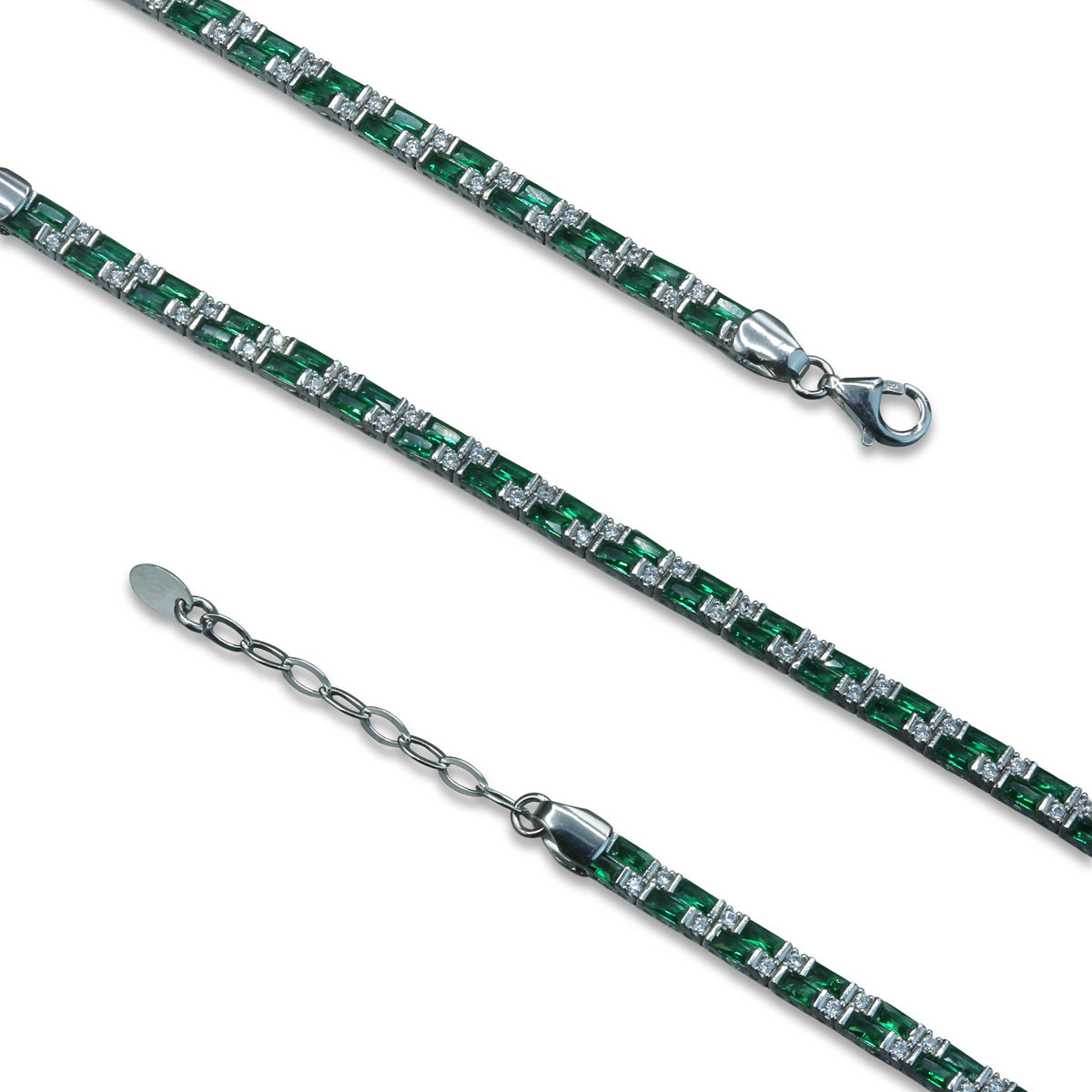 925 Men Silver Emerald Tennis Bracelet, Luxury Green Stone Chain Bracelet