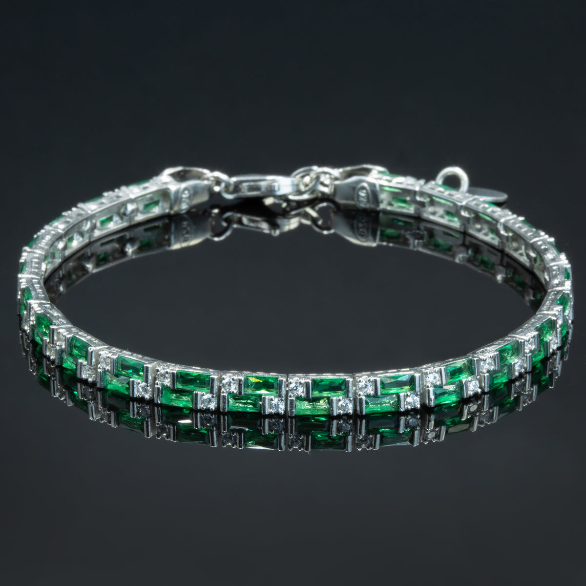 925 Men Silver Emerald Tennis Bracelet, Luxury Green Stone Chain Bracelet