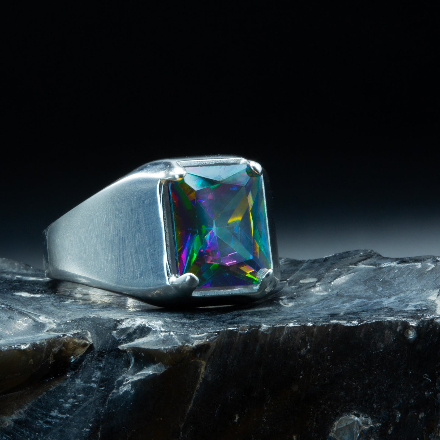 Solid Silver Mens Square Mystic Topaz Ring
