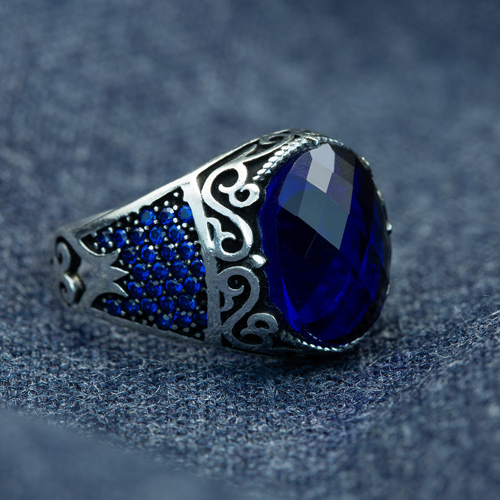 Men 925 Sterling Silver Oval Sapphire Gemstone Ring