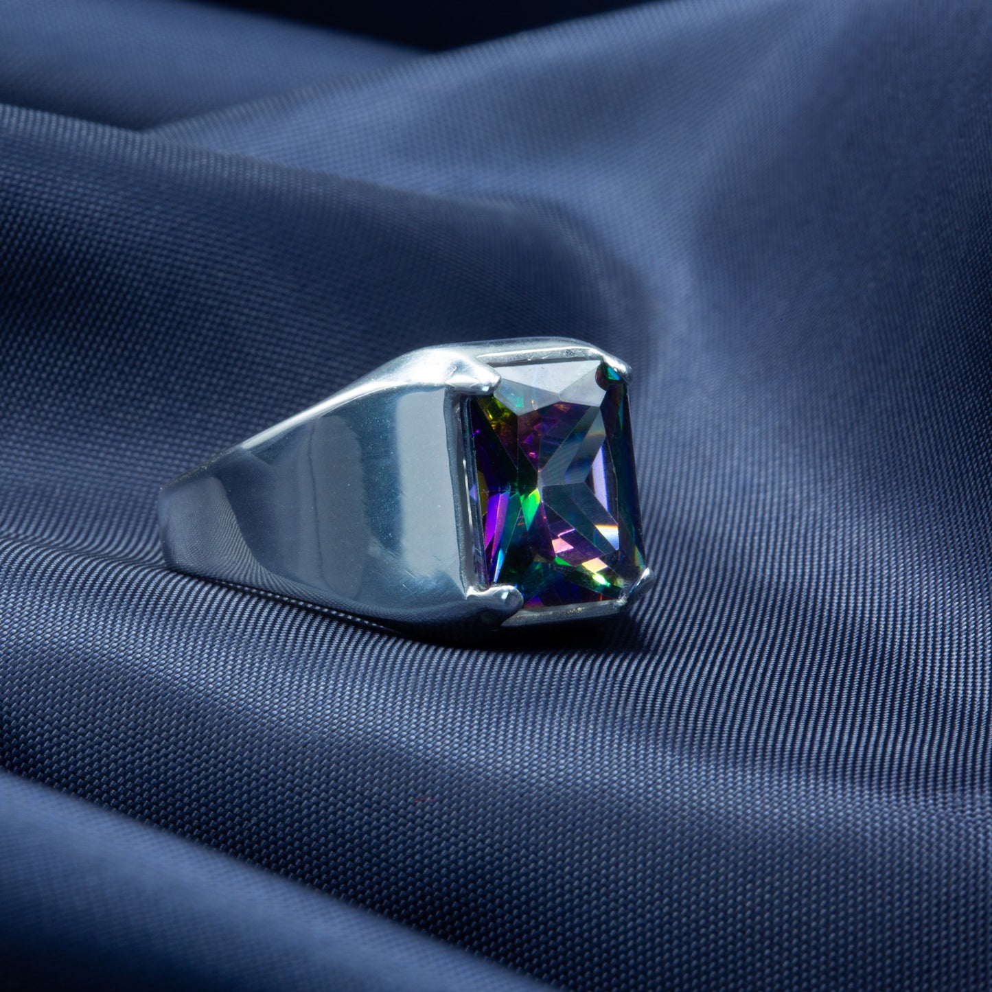 Solid Silver Mens Square Mystic Topaz Ring