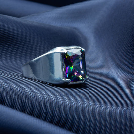 Solid Silver Mens Square Mystic Topaz Ring