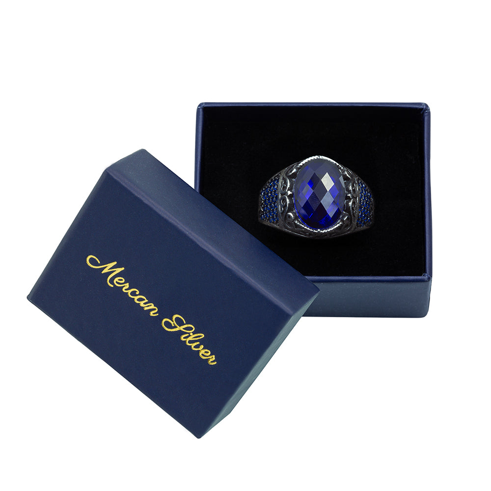 Men 925 Sterling Silver Oval Sapphire Gemstone Ring